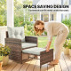 5 Piece Patio Furniture Set, Wicker Patio Chairs with Ottomans, 2-Tier Glass Coffee Table and Cushions, Brown/Cream