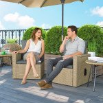 Wicker Outdoor Sofa with Side Trays, Rattan Patio Loveseat with Cushions for Garden Balcony, Light Grey