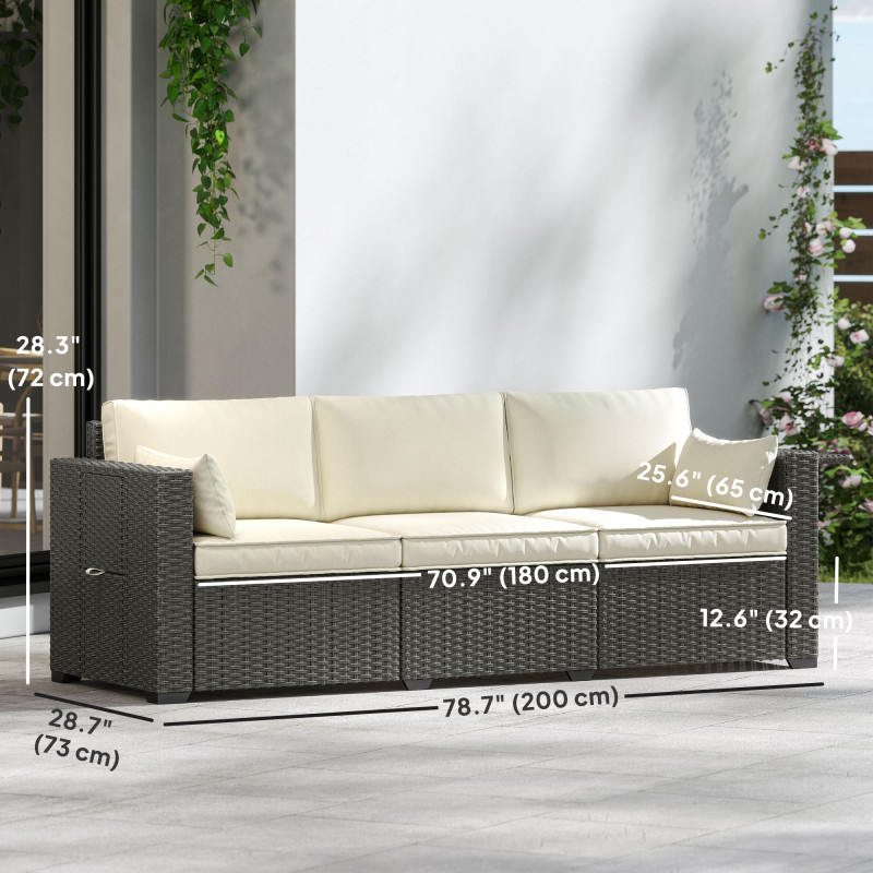 3 Seater Wicker Patio Sofa with Side Trays, Outdoor Couch with 6
