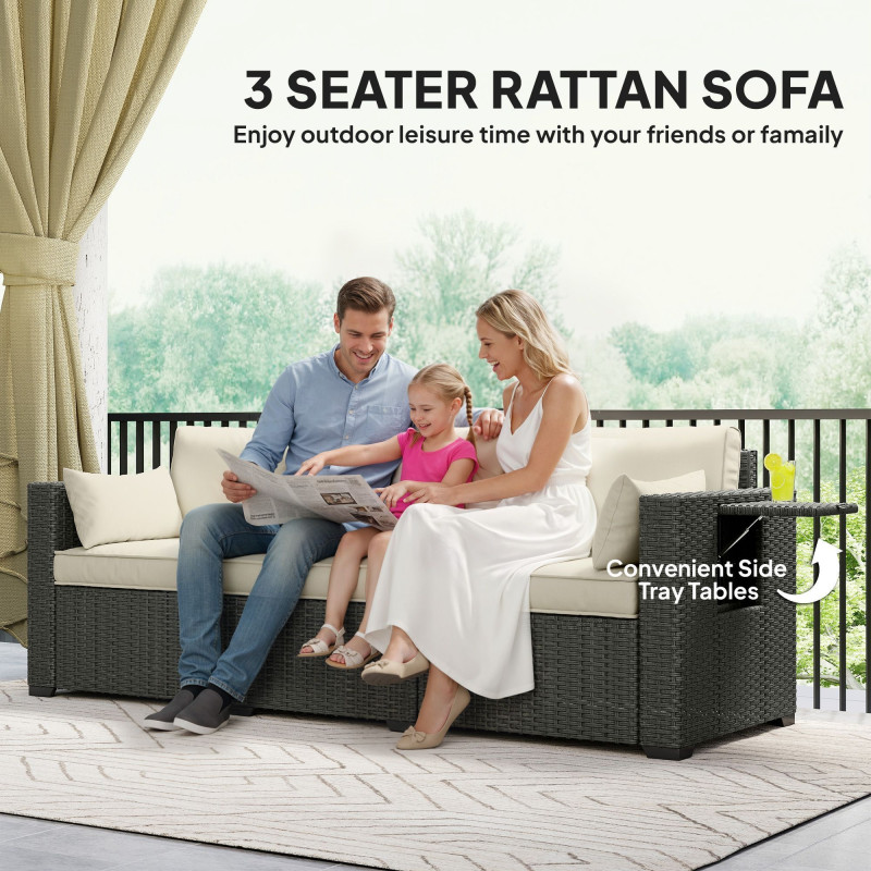 3 Seater Wicker Patio Sofa with Side Trays, Outdoor Couch with 6