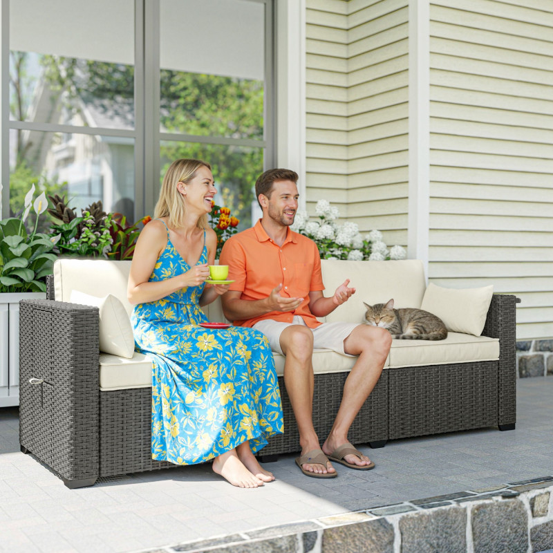 3 Seater Wicker Patio Sofa with Side Trays, Outdoor Couch with 6
