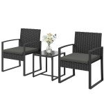Outdoor Bistro Set, 3 Piece Wicker Patio Furniture Set with Glass Top Table and Cushions for Porch, Balcony, Dark Grey