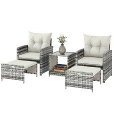 5 Piece Patio Furniture Set, Wicker Patio Chairs with Ottomans, 2-Tier Glass Coffee Table and Cushions, Grey/Cream White