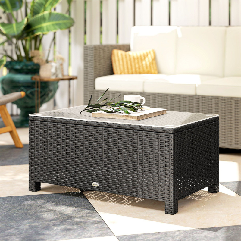 PE Wicker Outdoor Coffee Table with Glass Top Garden Patio Table, Dark Grey