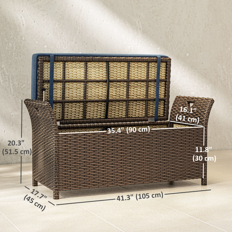 2-In-1 Outdoor Storage Bench, 29 Gallon Wicker Deck Box with Handles and Cushion, Navy Blue