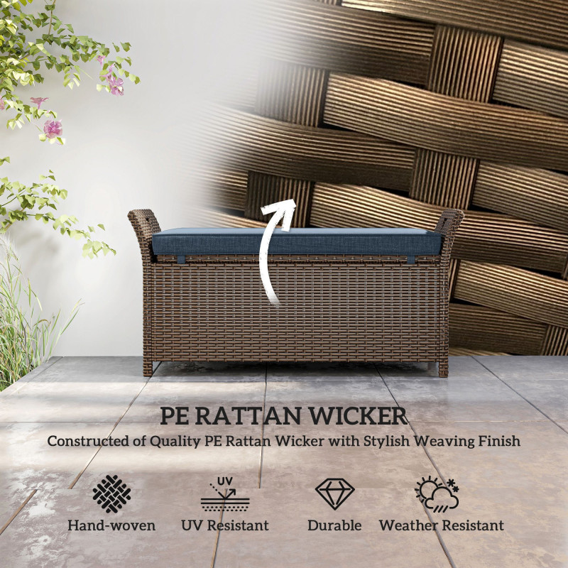 2-In-1 Outdoor Storage Bench, 29 Gallon Wicker Deck Box with Handles and Cushion, Navy Blue