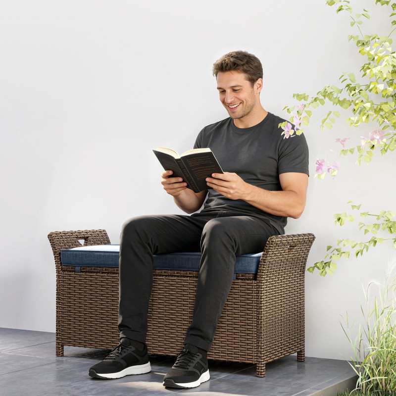 2-In-1 Outdoor Storage Bench, 29 Gallon Wicker Deck Box with Handles and Cushion, Navy Blue