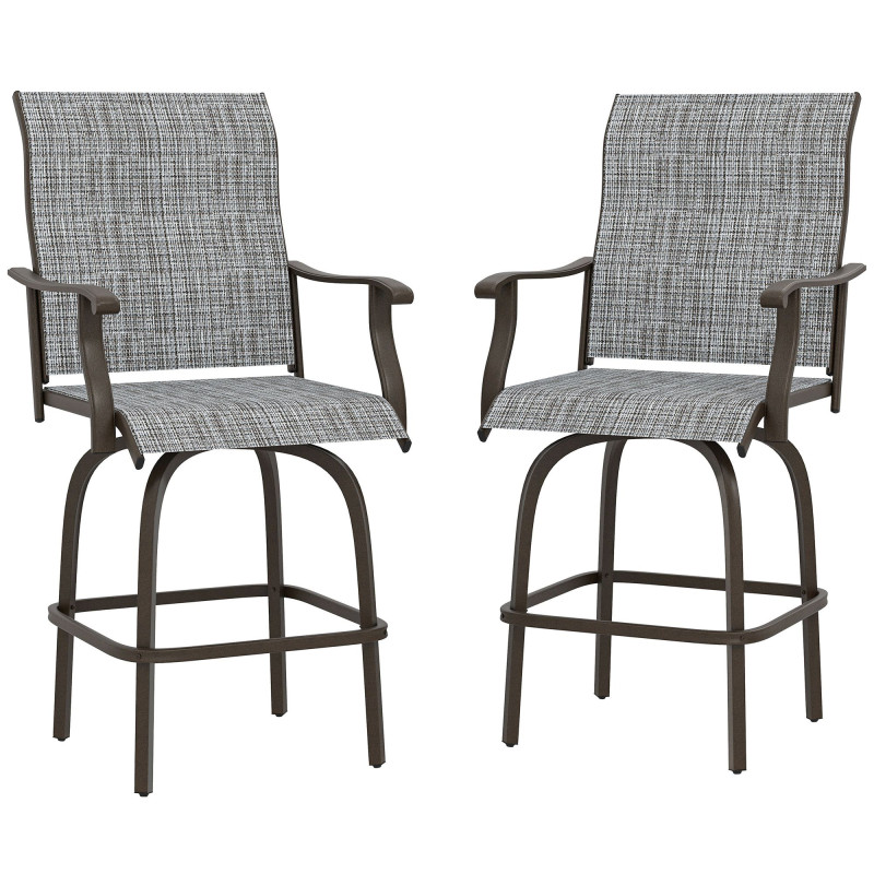 Outdoor Bar Stools Set of 2, Swivel Bar Height Chairs with High Back, Curved Armrests and Steel Frame, Mixed Grey