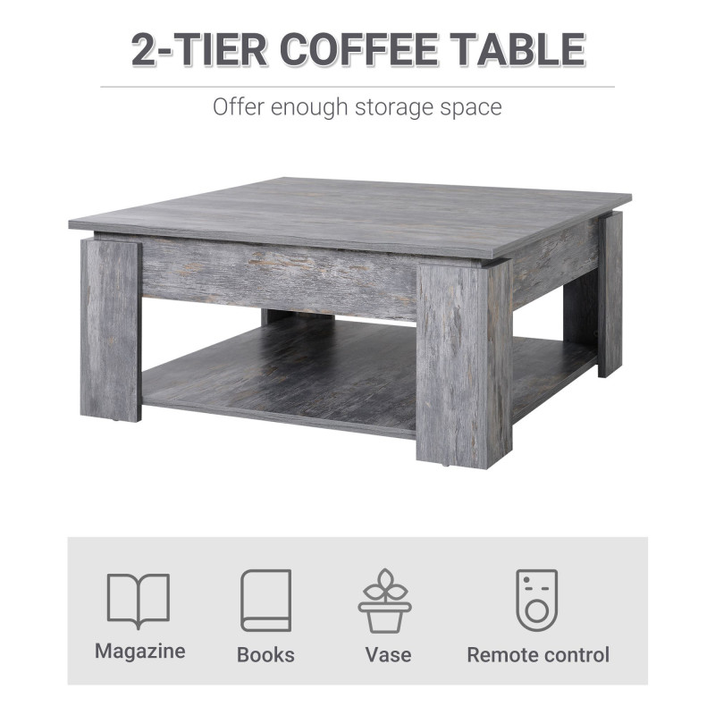Modern Coffee Table with Storage Shelf, Square  Cocktail Table, Center Table for Living Room, Grey