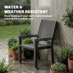 Stackable Patio Chairs Set of 2, Outdoor Dining Chairs with Faux Wicker Steel Mesh Back, Slatted Seat, Armrests, Black