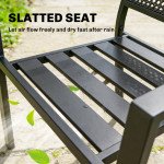 Stackable Patio Chairs Set of 2, Outdoor Dining Chairs with Faux Wicker Steel Mesh Back, Slatted Seat, Armrests, Black