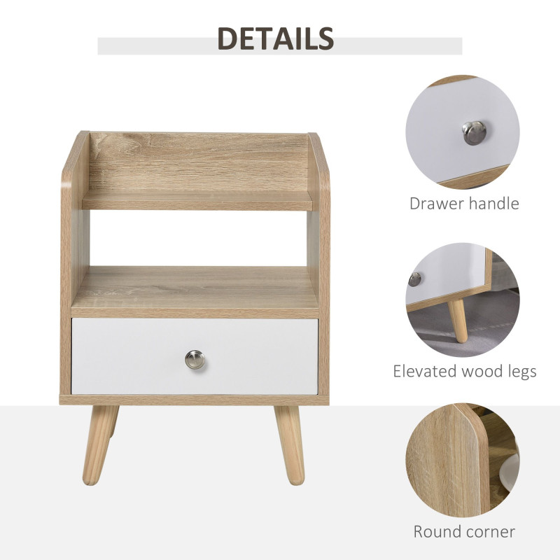 Bedside Table with 2-tier Shelf and Drawer, Side End Table with Storage for Living Room, Bedroom, Natural