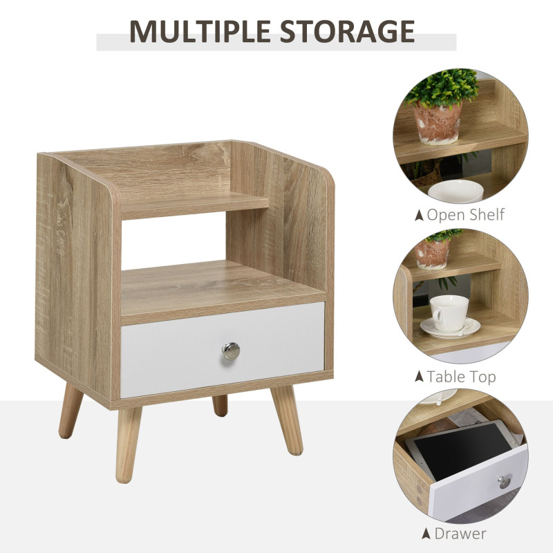 Bedside Table with 2-tier Shelf and Drawer, Side End Table with Storage for Living Room, Bedroom, Natural