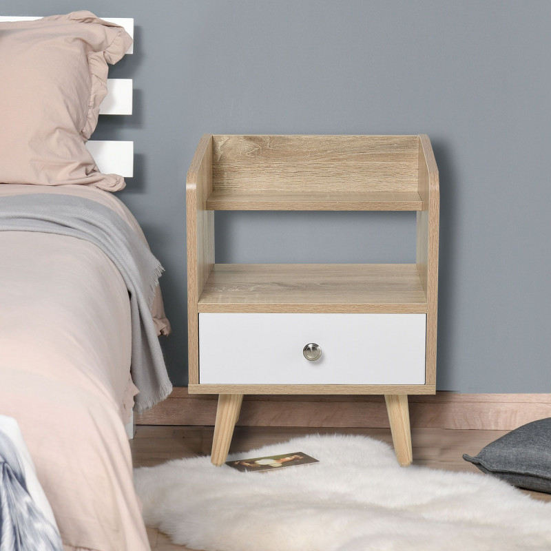 Bedside Table with 2-tier Shelf and Drawer, Side End Table with Storage for Living Room, Bedroom, Natural