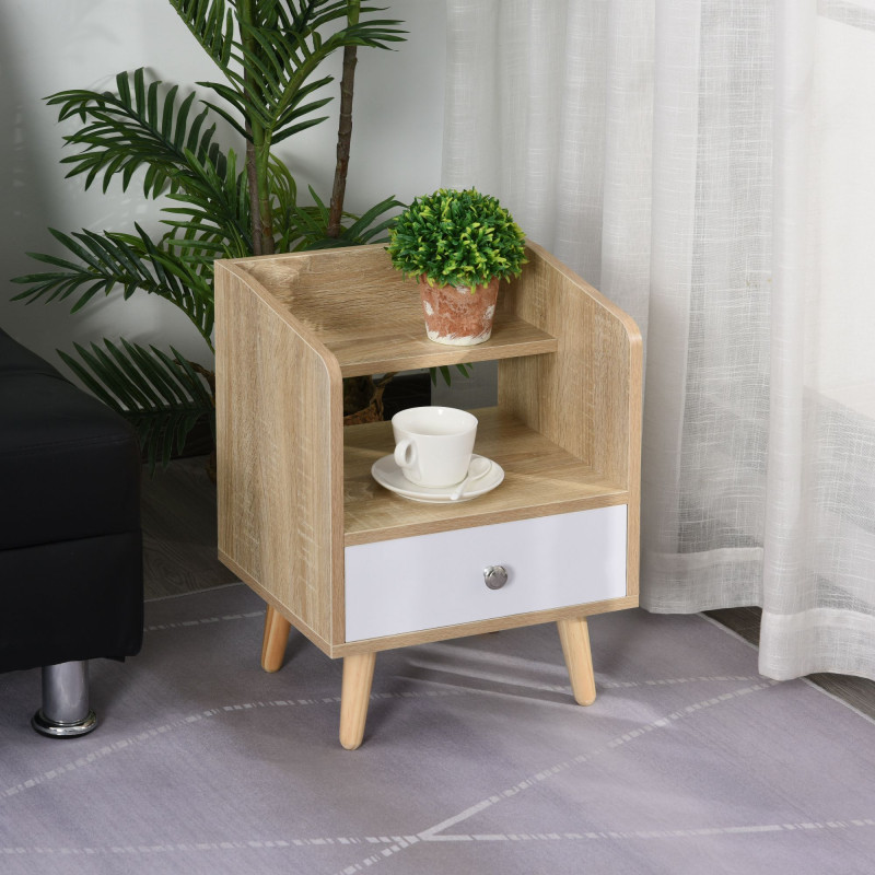 Bedside Table with 2-tier Shelf and Drawer, Side End Table with Storage for Living Room, Bedroom, Natural