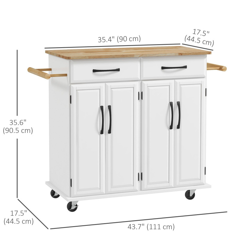 Kitchen Island on Wheels with Rubberwood Top, Rolling Kitchen Cart with 2 Drawers, 4 Doors and Adjustable Shelves