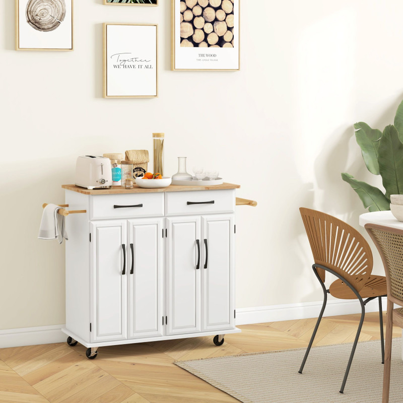 Kitchen Island on Wheels with Rubberwood Top, Rolling Kitchen Cart with 2 Drawers, 4 Doors and Adjustable Shelves