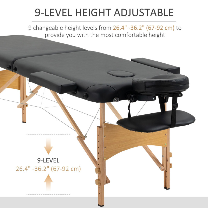 83 Inch Portable Folding Massage Table, Height Adjustable Professional Salon Spa Facial Couch Bed with Free Carrying Case, Headrest, Armrests, Black