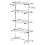 Garment Drying Rack Stainless Steel Folding Clothes Hanging Rack with Side Wings Castors for Indoor Outdoor White