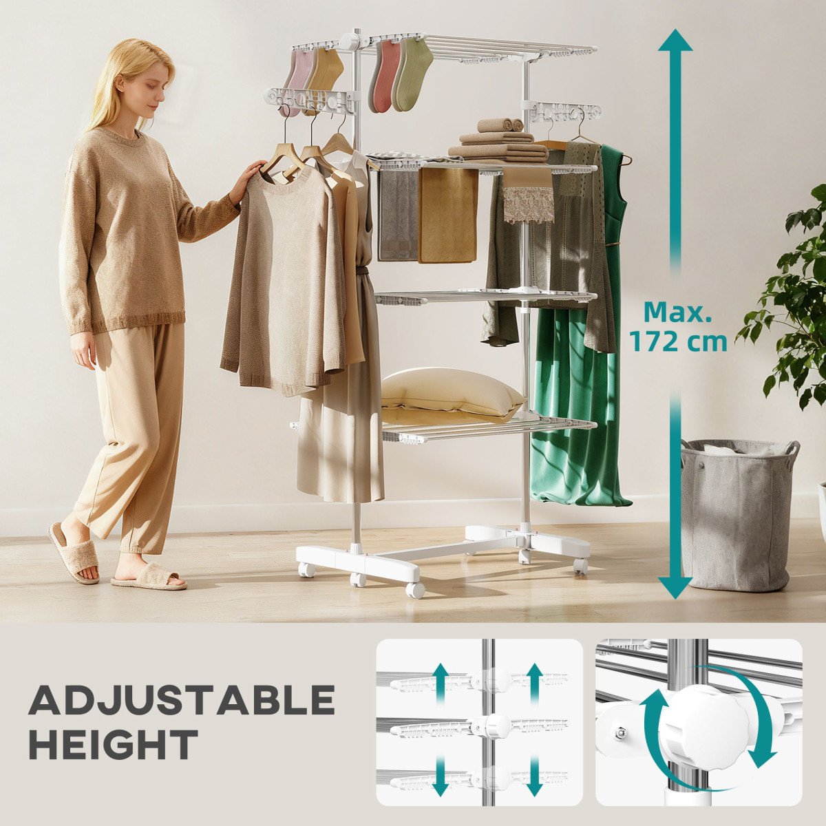 Garment Drying Rack Stainless Steel Folding Clothes Hanging Rack with Side Wings Castors for Indoor Outdoor White
