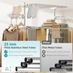 Garment Drying Rack Stainless Steel Folding Clothes Hanging Rack with Side Wings Castors for Indoor Outdoor White