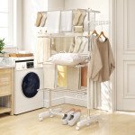 Garment Drying Rack Stainless Steel Folding Clothes Hanging Rack with Side Wings Castors for Indoor Outdoor White