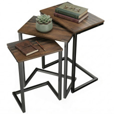 Nesting End Tables Set of 3, Industrial C-Shaped Snack Side Table with Steel Frame for Sofa Couch, Bed, Living Room, Rustic Brown