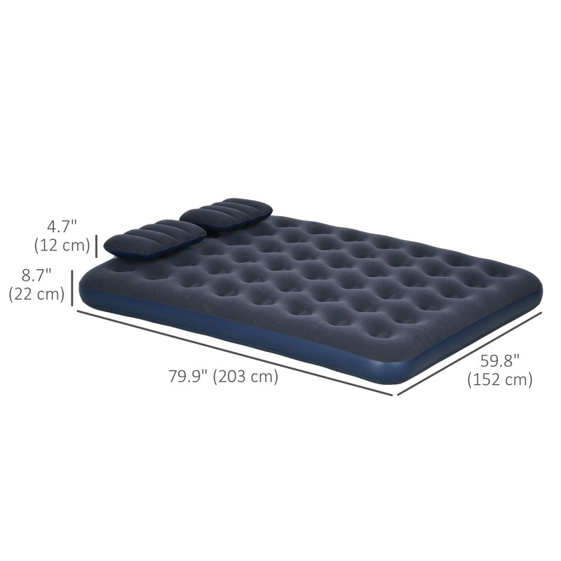 Queen Size Air Mattress Camping Air Bed with 2 Pillows and Hand Pump, Blue