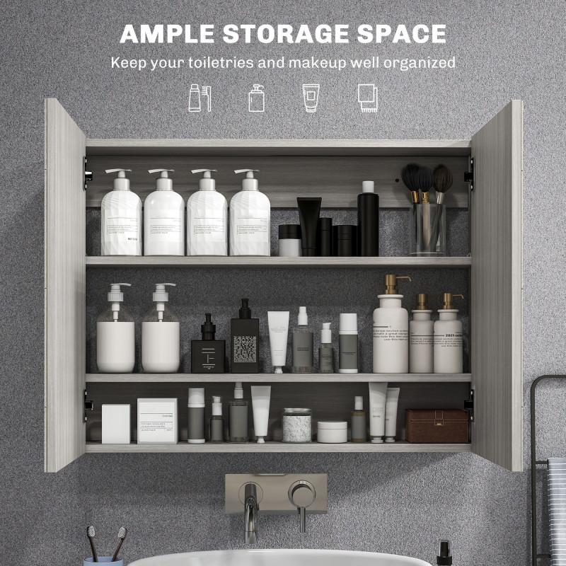Bathroom Mirror Cabinet, Wall-Mounted Storage Organizer with Double Doors, Adjustable Shelf, Grey