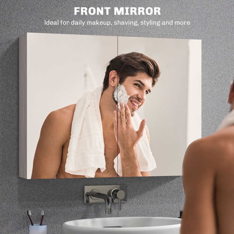 Bathroom Mirror Cabinet, Wall-Mounted Storage Organizer with Double Doors, Adjustable Shelf, Grey