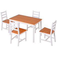 Dining Table Set for 4, 5 Piece Pine Wood Kitchen Table with High Back Chairs, Rectangular Table and 4 Armless Chair, White and Natural Wood