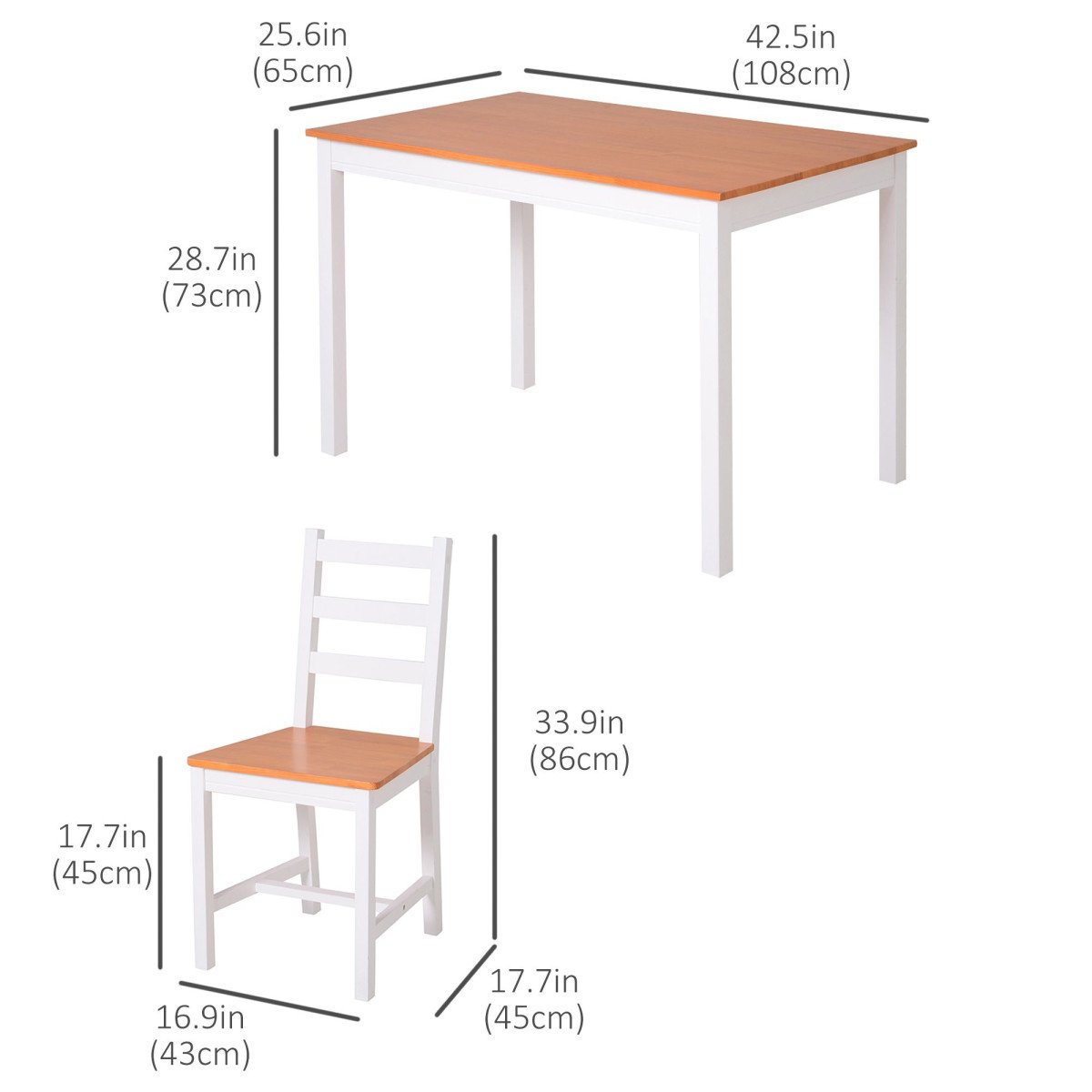 Dining Table Set for 4, 5 Piece Pine Wood Kitchen Table with High Back Chairs, Rectangular Table and 4 Armless Chair, White and Natural Wood