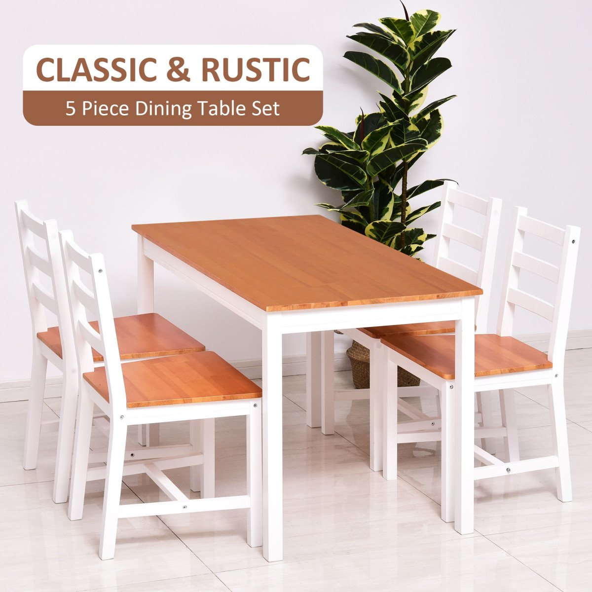 Dining Table Set for 4, 5 Piece Pine Wood Kitchen Table with High Back Chairs, Rectangular Table and 4 Armless Chair, White and Natural Wood