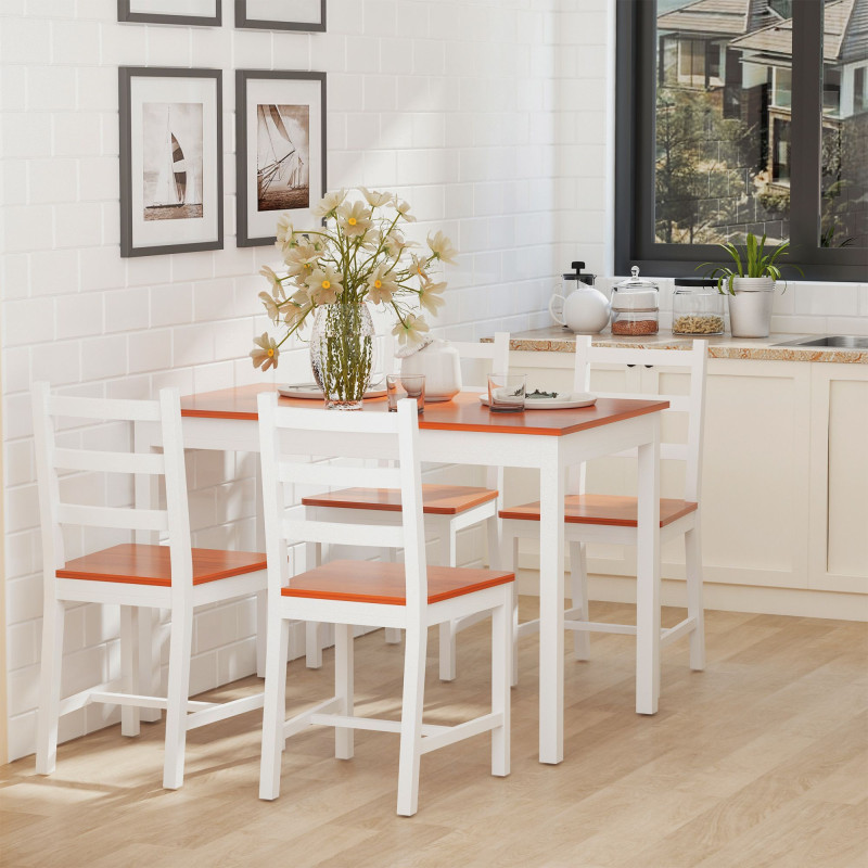 Dining Table Set for 4, 5 Piece Pine Wood Kitchen Table with High Back Chairs, Rectangular Table and 4 Armless Chair, White and Natural Wood