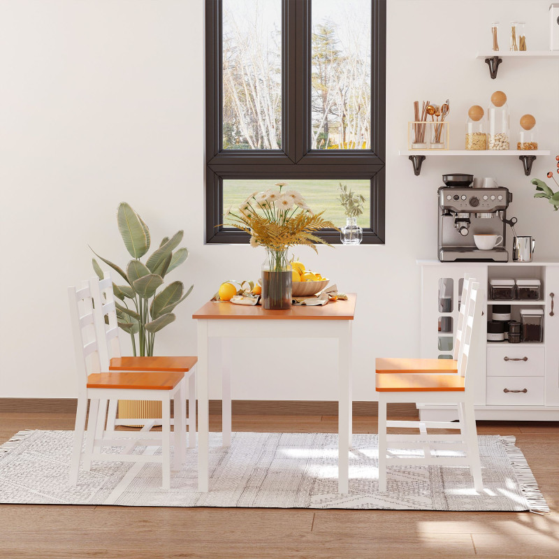 Dining Table Set for 4, 5 Piece Pine Wood Kitchen Table with High Back Chairs, Rectangular Table and 4 Armless Chair, White and Natural Wood
