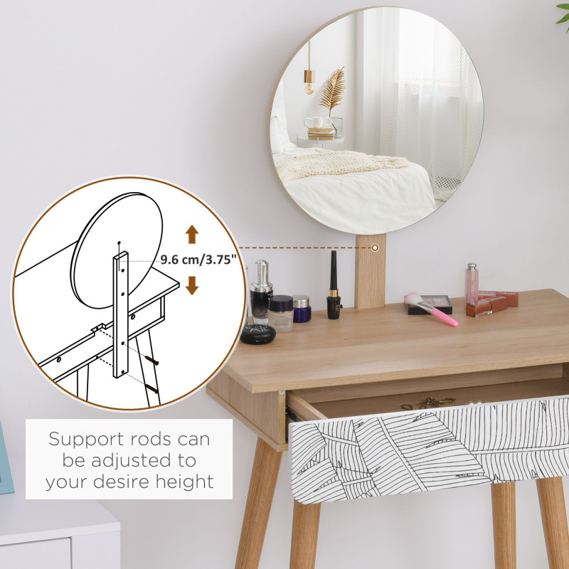 Vanity Desk with Mirror, Makeup Vanity with Drawer and Height Adjustable Mirror, Dressing Table with Wood Legs for Bedroom, Oak