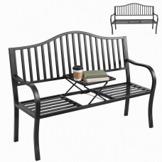 Outdoor Bench with Retractable Middle Table, Metal Frame Patio Loveseat with Slatted Seat and Backrest, Curved Armrests, Black