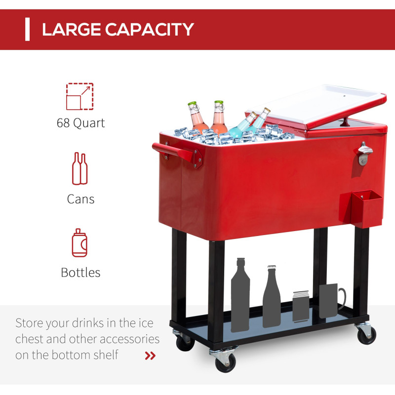 80 Quart Rolling Cooler Cart Portable Patio Ice Beer Beverage Cooling Bin w/ Bottle Opener & Storage Shelf Red
