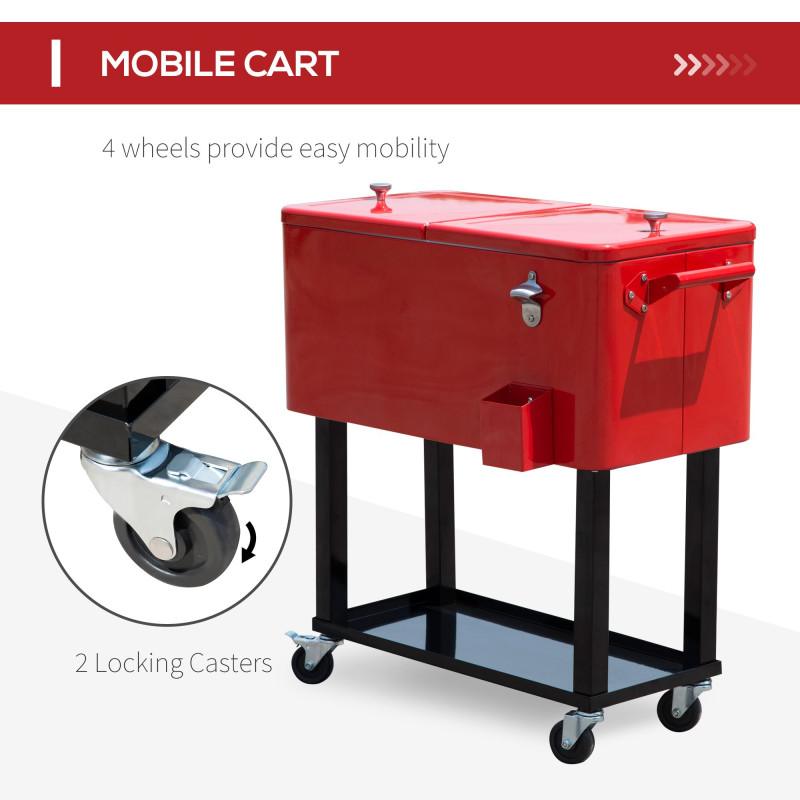 80 Quart Rolling Cooler Cart Portable Patio Ice Beer Beverage Cooling Bin w/ Bottle Opener & Storage Shelf Red