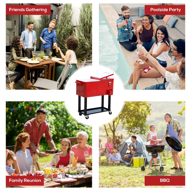 80 Quart Rolling Cooler Cart Portable Patio Ice Beer Beverage Cooling Bin w/ Bottle Opener & Storage Shelf Red