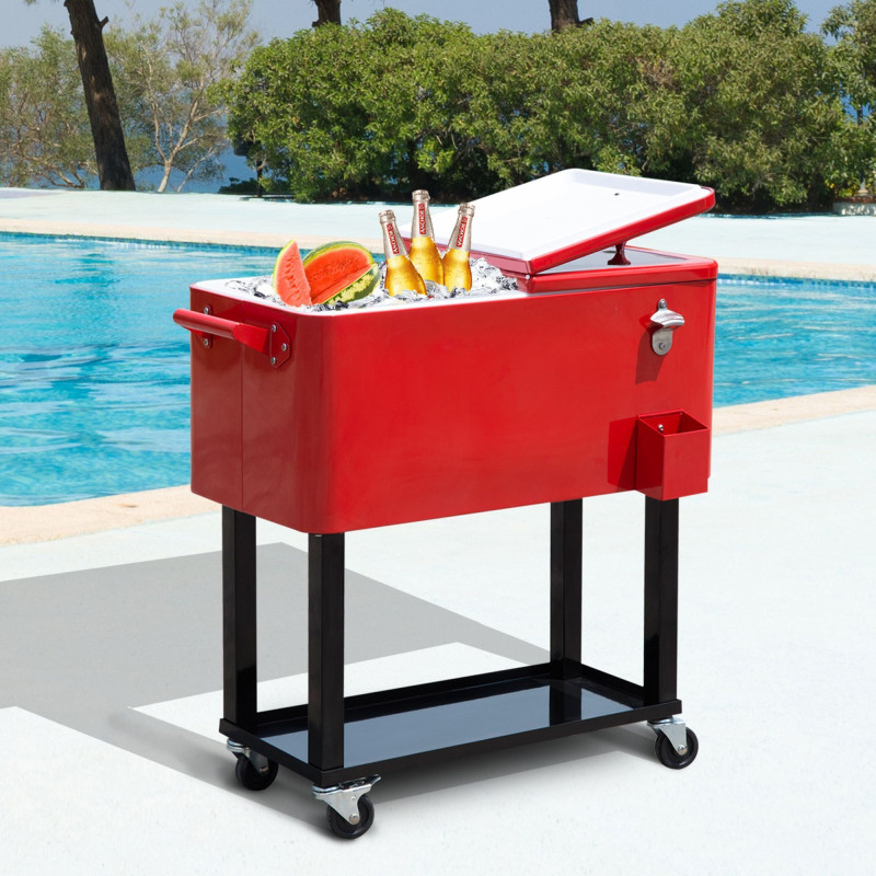 80 Quart Rolling Cooler Cart Portable Patio Ice Beer Beverage Cooling Bin w/ Bottle Opener & Storage Shelf Red