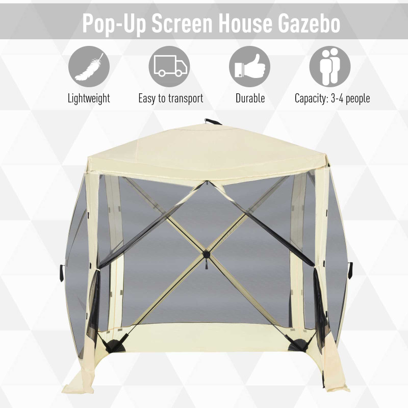 Pop-Up Tent, Foldable Screen Tent with Carry Bag, Zippered Door and Ground Stakes, Fits 3-4 People, Beige