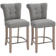 Bar Stools Set of 2, Upholstered Counter Height Stools with Button Tufted Back, Wood Legs and Footrest, Grey