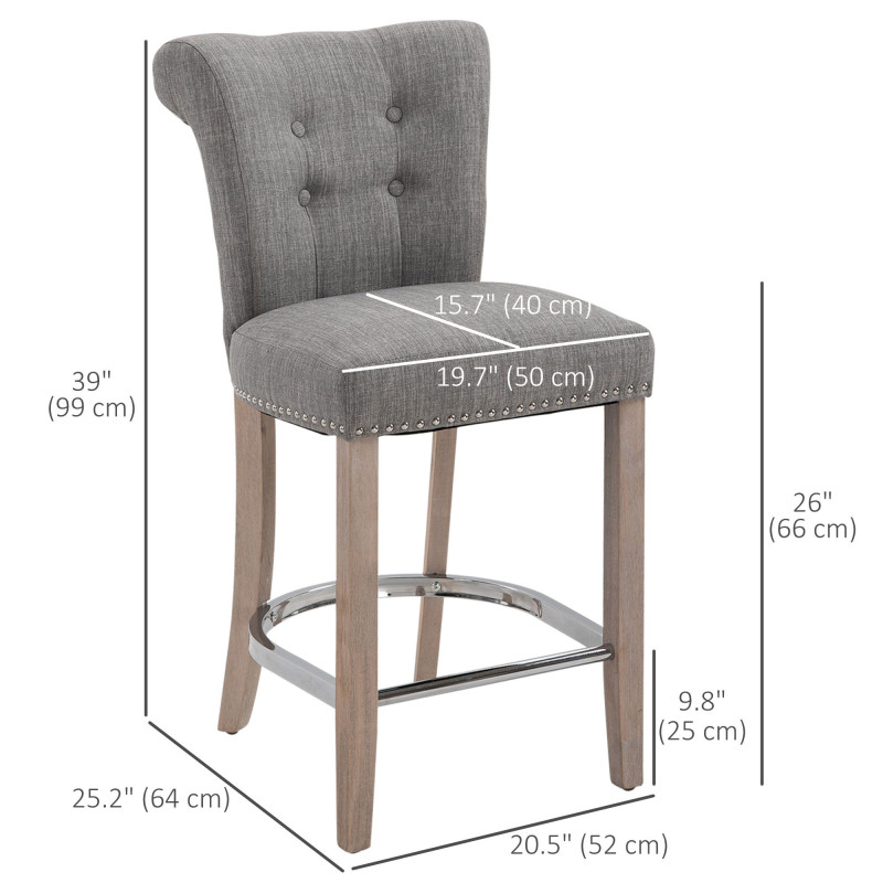Bar Stools Set of 2, Upholstered Counter Height Stools with Button Tufted Back, Wood Legs and Footrest, Grey