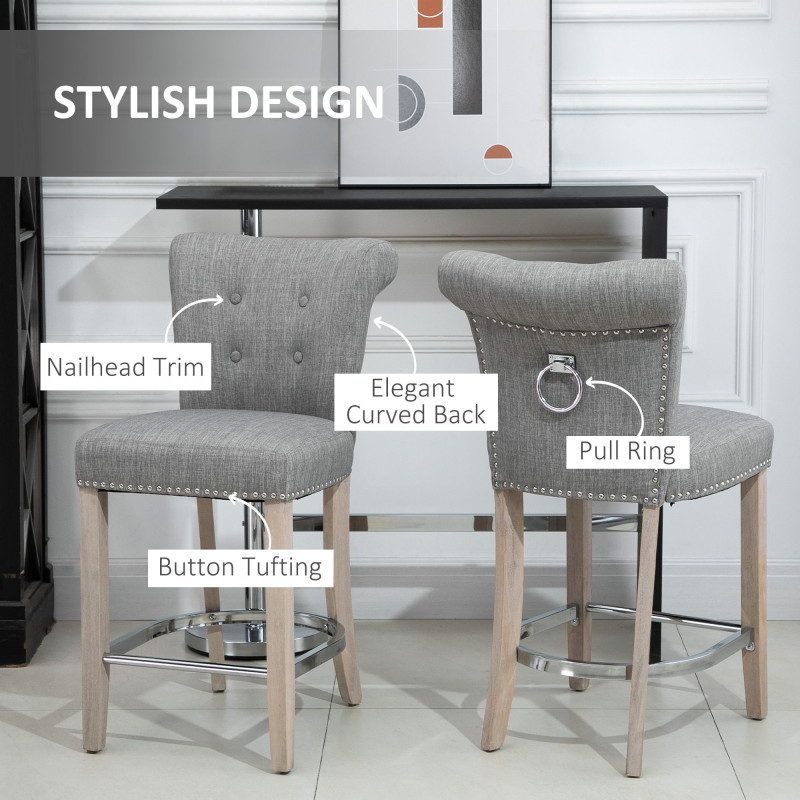 Bar Stools Set of 2, Upholstered Counter Height Stools with Button Tufted Back, Wood Legs and Footrest, Grey