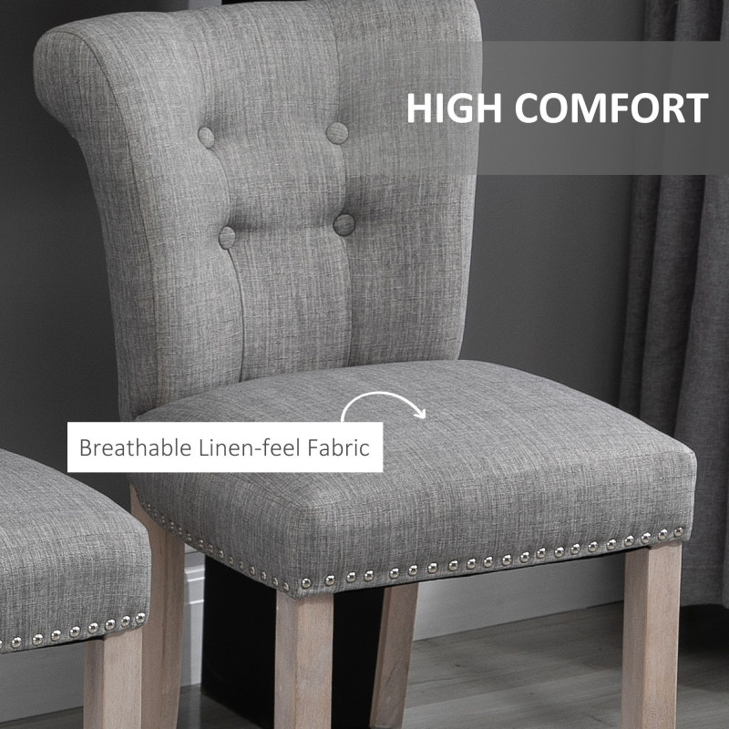 Bar Stools Set of 2, Upholstered Counter Height Stools with Button Tufted Back, Wood Legs and Footrest, Grey