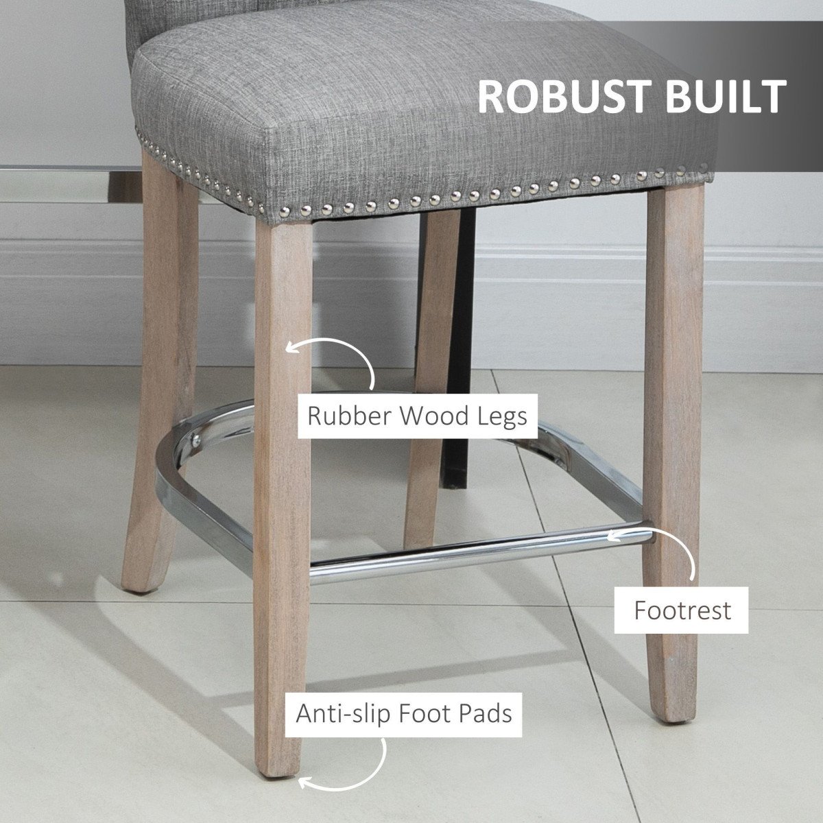 Bar Stools Set of 2, Upholstered Counter Height Stools with Button Tufted Back, Wood Legs and Footrest, Grey