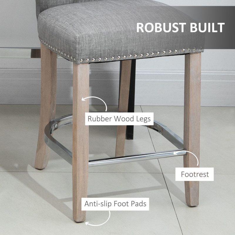 Bar Stools Set of 2, Upholstered Counter Height Stools with Button Tufted Back, Wood Legs and Footrest, Grey