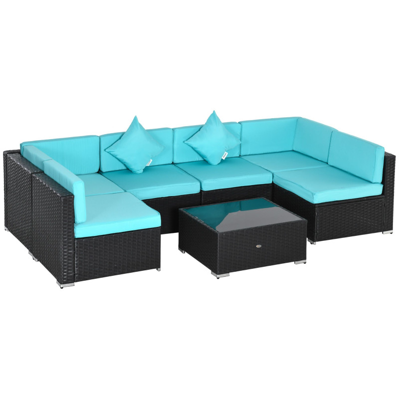 7 Pieces Patio Sofa Outdoor Wicker Sectional Patio Furniture, Deep Coffee & Light Blue
