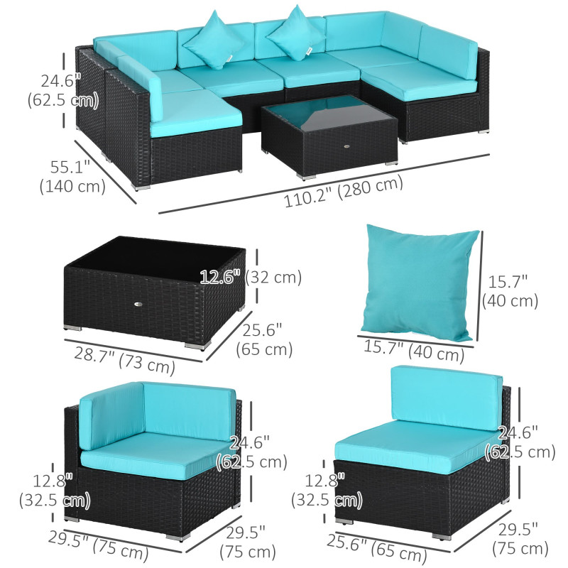 7 Pieces Patio Sofa Outdoor Wicker Sectional Patio Furniture, Deep Coffee & Light Blue